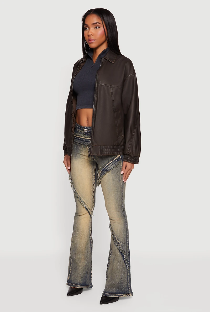 Faux Leather Long Sleeve Zip Front Bomber Jacket