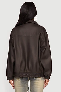 Faux Leather Long Sleeve Zip Front Bomber Jacket