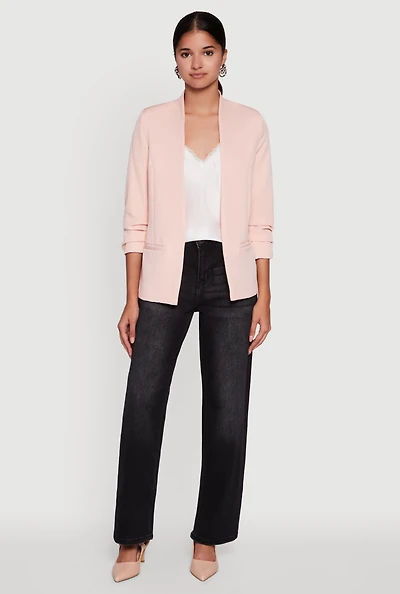 Womens Open Front Ruched Sleeve Padded Shoulder Blazer, Pink, Size M