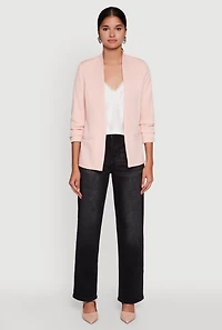 Womens Open Front Ruched Sleeve Padded Shoulder Blazer, Pink, Size M