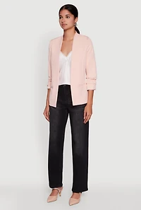 Womens Open Front Ruched Sleeve Padded Shoulder Blazer, Pink, Size M