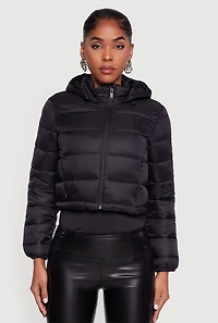 Womens Hooded Cropped Puffer Jacket with Zip Pockets, Black, Size S