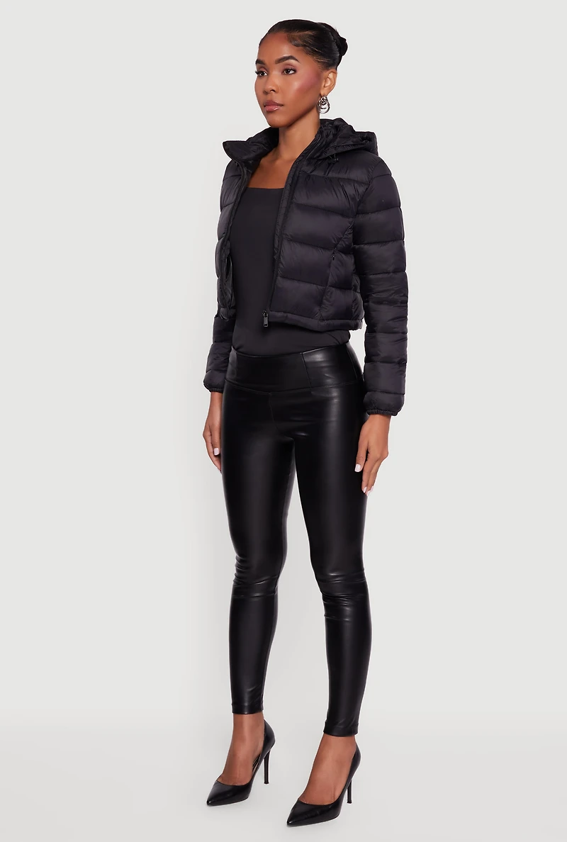 Womens Hooded Cropped Puffer Jacket with Zip Pockets, Black, Size S