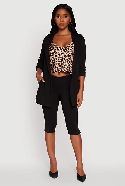 Womens Textured Knit Ruched Sleeve Blazer, Black, Size S
