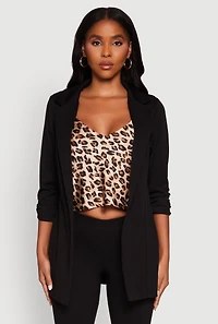 Womens Textured Knit Ruched Sleeve Blazer, Black, Size S