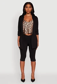 Womens Textured Knit Ruched Sleeve Blazer, Black, Size S