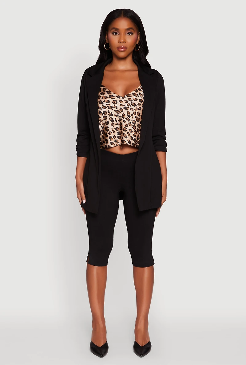 Womens Textured Knit Ruched Sleeve Blazer, S