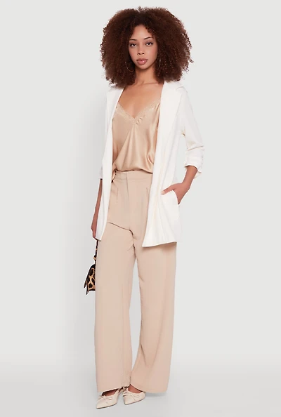 Womens Textured Knit Ruched Sleeve Blazer, White, Size M