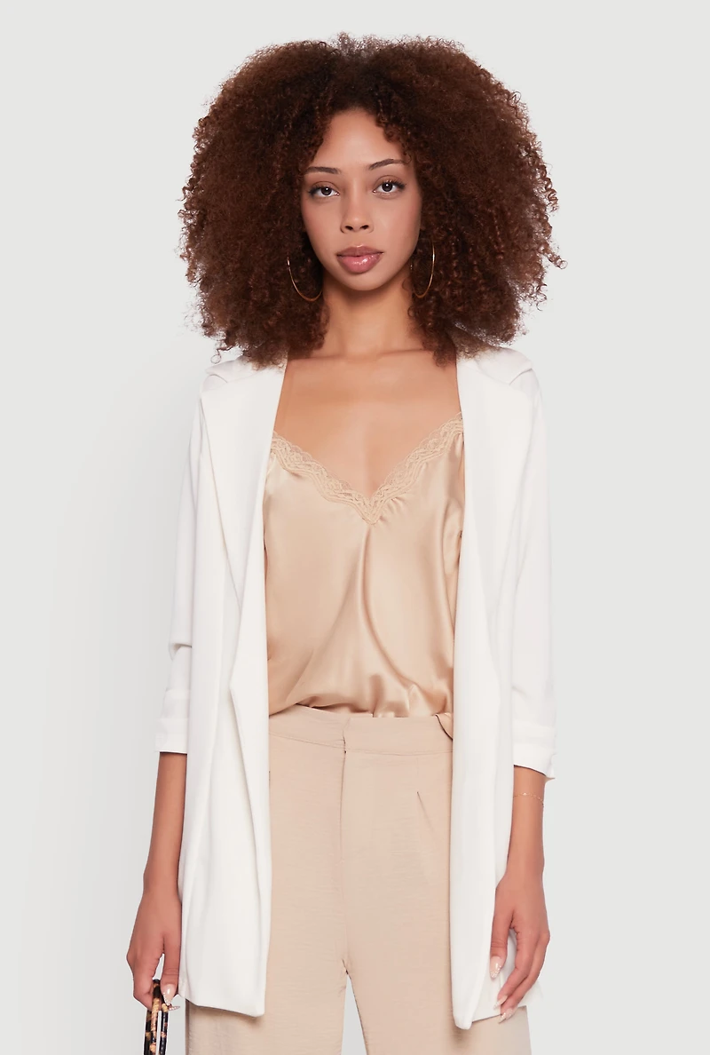 Womens Textured Knit Ruched Sleeve Blazer, White, Size M