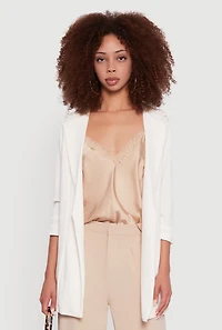 Womens Textured Knit Ruched Sleeve Blazer, White, Size M