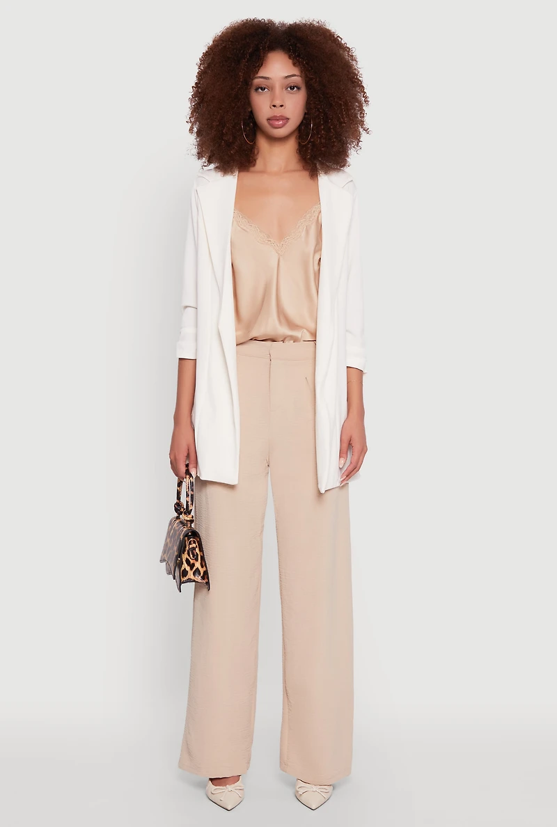 Womens Textured Knit Ruched Sleeve Blazer, White, Size M