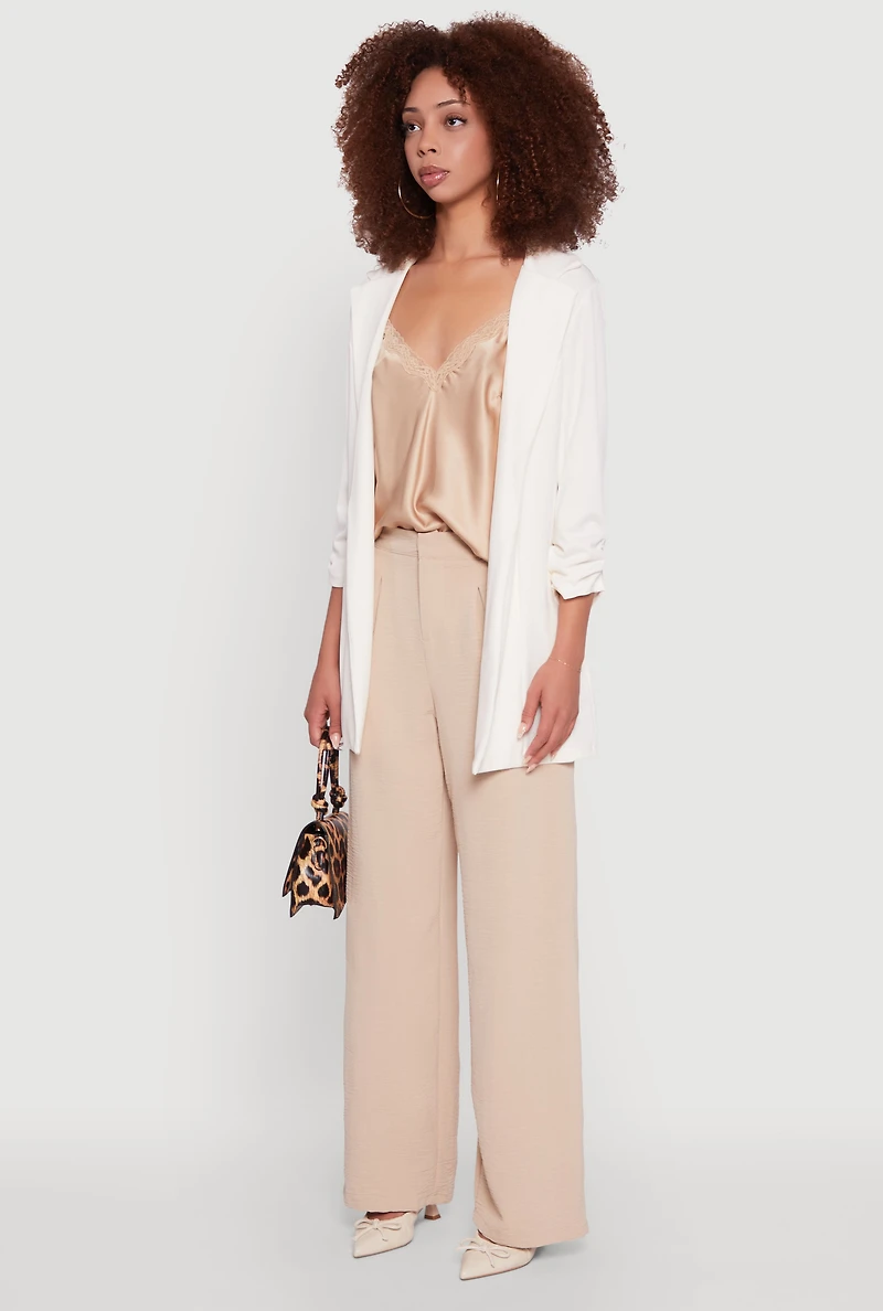Womens Textured Knit Ruched Sleeve Blazer, White, Size M