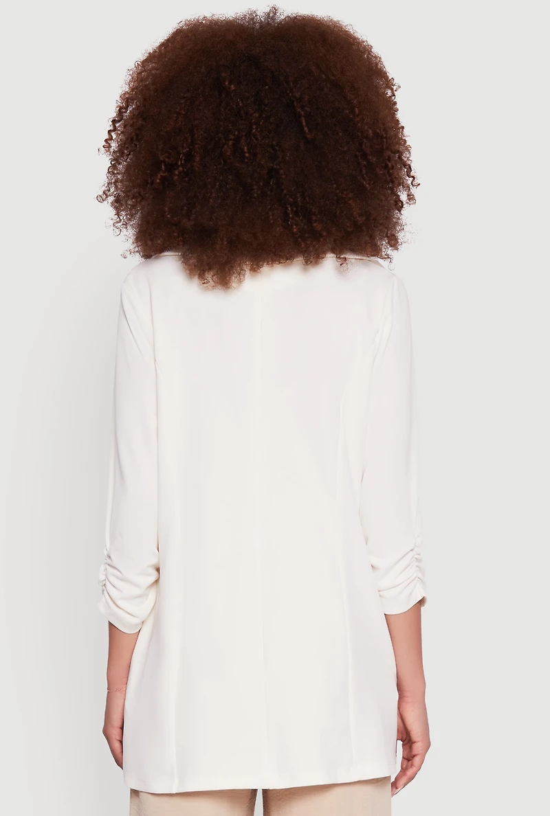 Womens Textured Knit Ruched Sleeve Blazer, White,