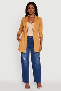 Womens Textured Knit Ruched Sleeve Blazer, Brown,
