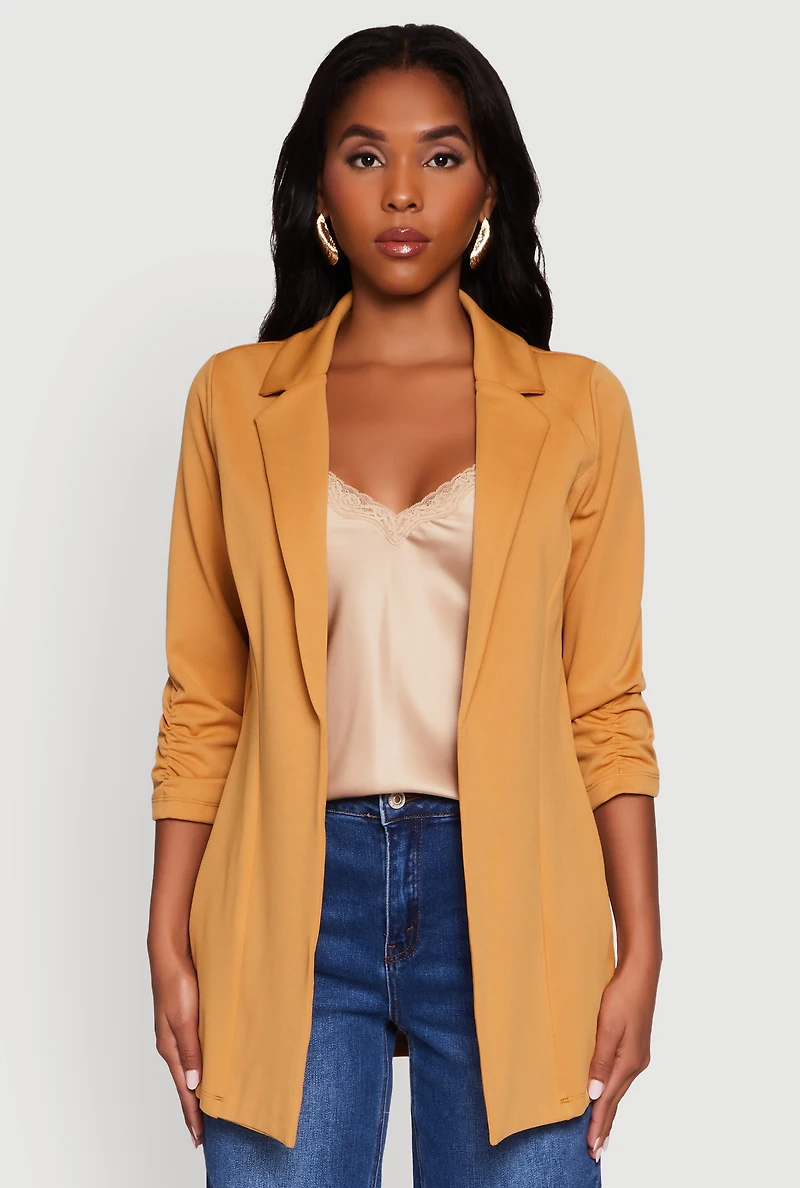 Womens Textured Knit Ruched Sleeve Blazer, Brown,