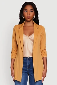 Womens Textured Knit Ruched Sleeve Blazer, Brown,