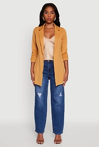 Womens Textured Knit Ruched Sleeve Blazer, Brown,