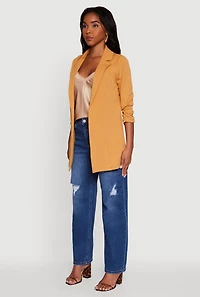Womens Textured Knit Ruched Sleeve Blazer, Brown,