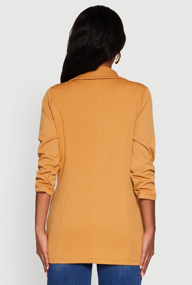 Womens Textured Knit Ruched Sleeve Blazer, Brown,