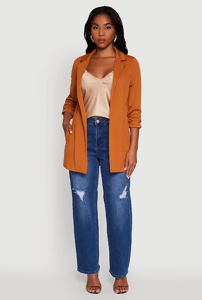 Womens Textured Knit Ruched Sleeve Blazer, Brown,