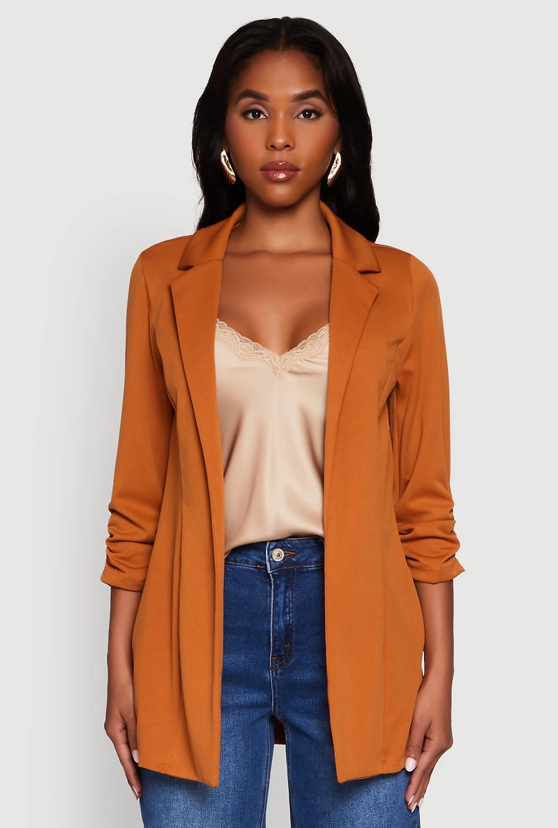 Womens Textured Knit Ruched Sleeve Blazer, Brown, Size S