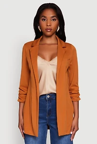 Womens Textured Knit Ruched Sleeve Blazer, Brown, Size S