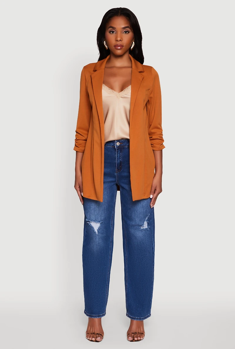 Womens Textured Knit Ruched Sleeve Blazer, Brown, Size S