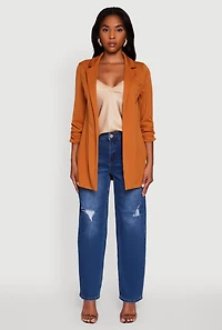 Womens Textured Knit Ruched Sleeve Blazer, Brown, Size S