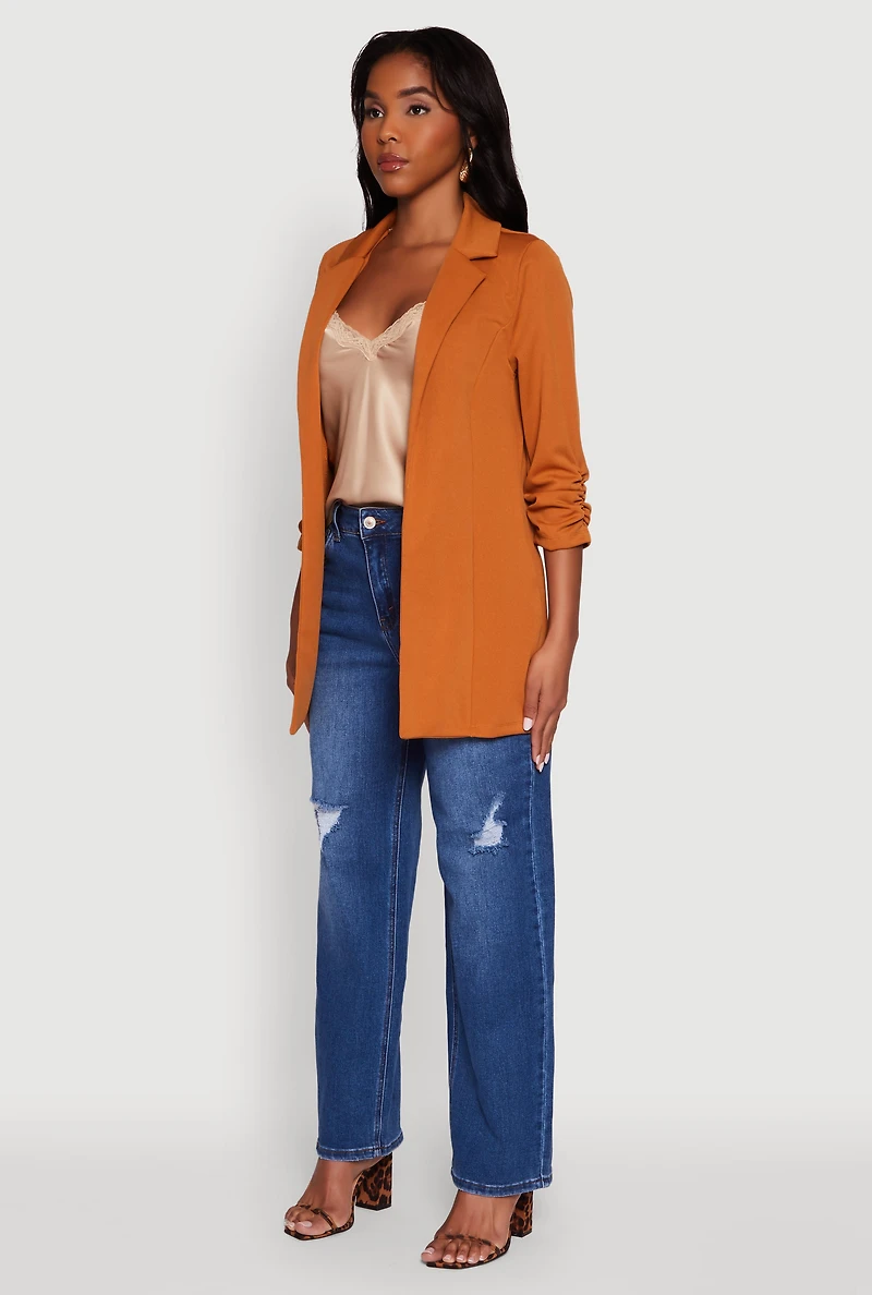 Womens Textured Knit Ruched Sleeve Blazer, Brown, Size S