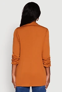 Womens Textured Knit Ruched Sleeve Blazer, Brown, Size S