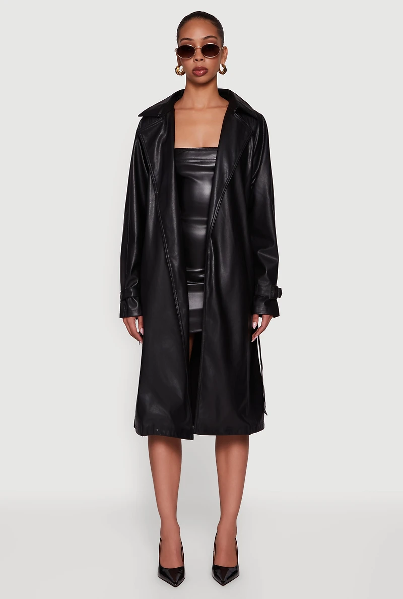 Womens Faux Leather Belted Long Trench Coat, Black, Size L