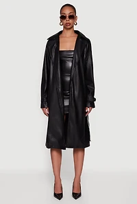 Womens Faux Leather Belted Long Trench Coat, Black, Size L