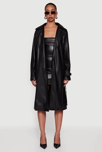 Womens Faux Leather Belted Long Trench Coat, Black,