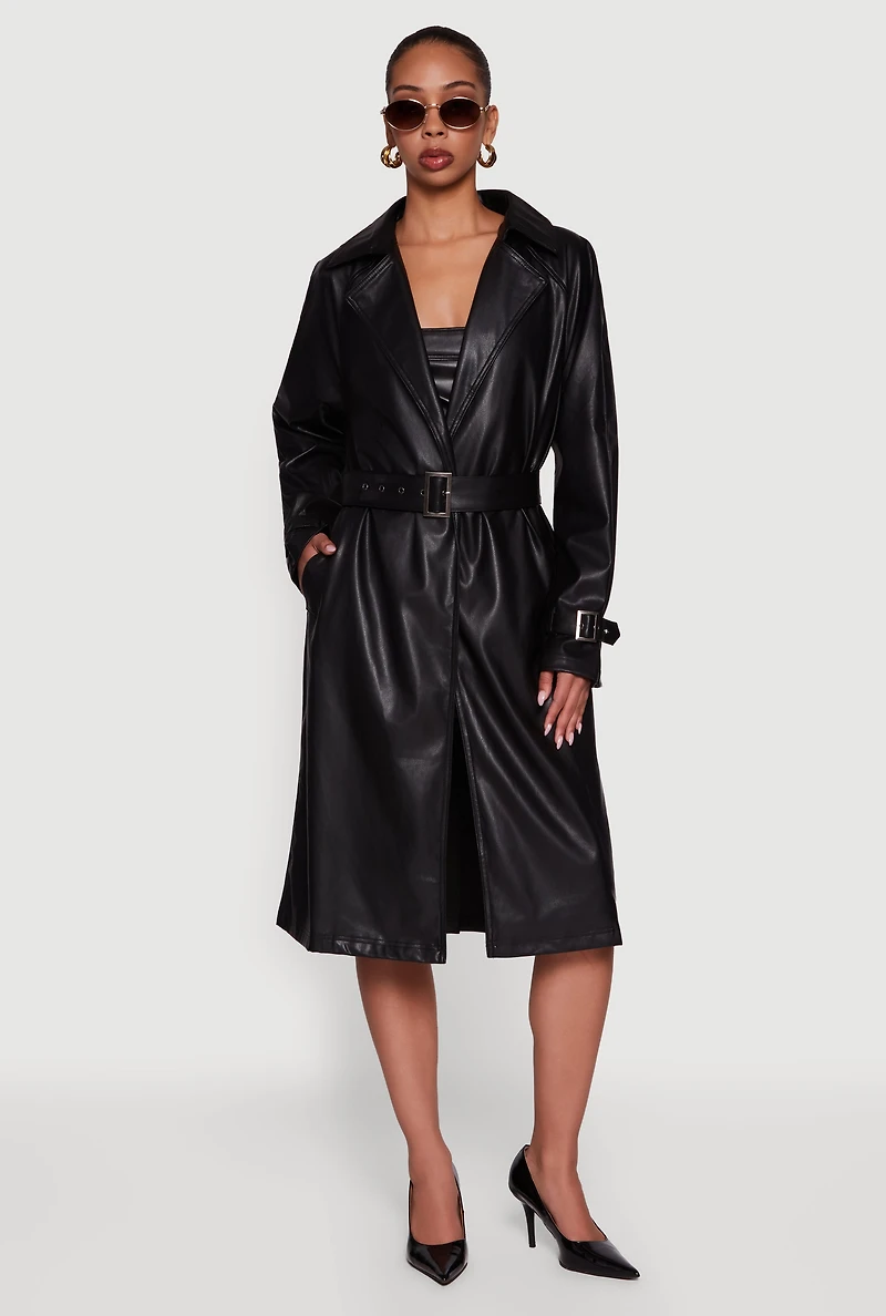 Womens Faux Leather Belted Long Trench Coat, Black, Size L