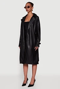 Womens Faux Leather Belted Long Trench Coat, Black, Size L