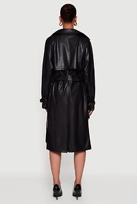 Womens Faux Leather Belted Long Trench Coat, Black, Size L