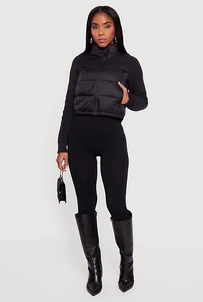 Mock Neck Zip Front Knit Sleeve Puffer Jacket