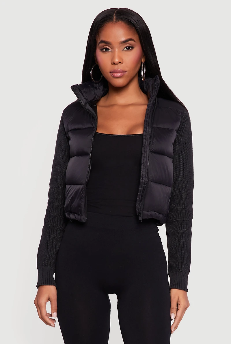 Mock Neck Zip Front Knit Sleeve Puffer Jacket
