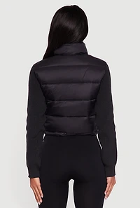 Womens Mock Neck Zip Front Knit Sleeve Puffer Jacket, Black, Size L