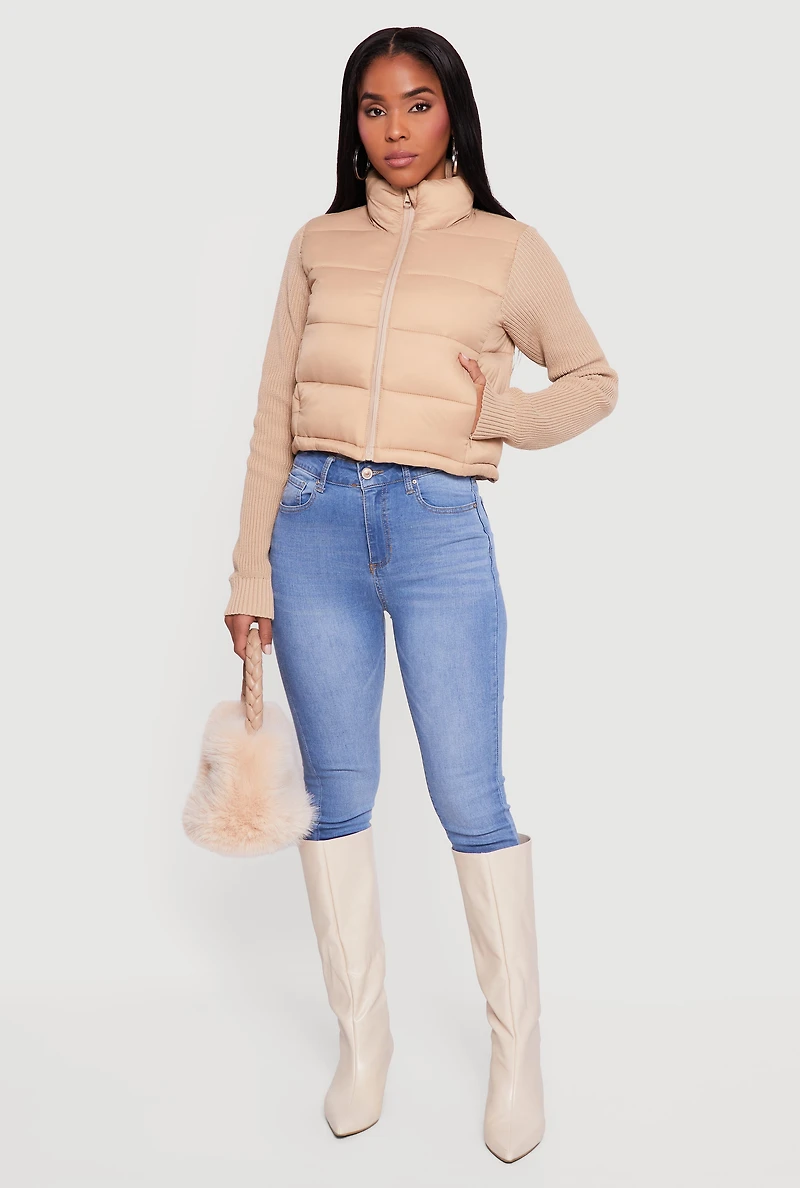 Mock Neck Zip Front Knit Sleeve Puffer Jacket