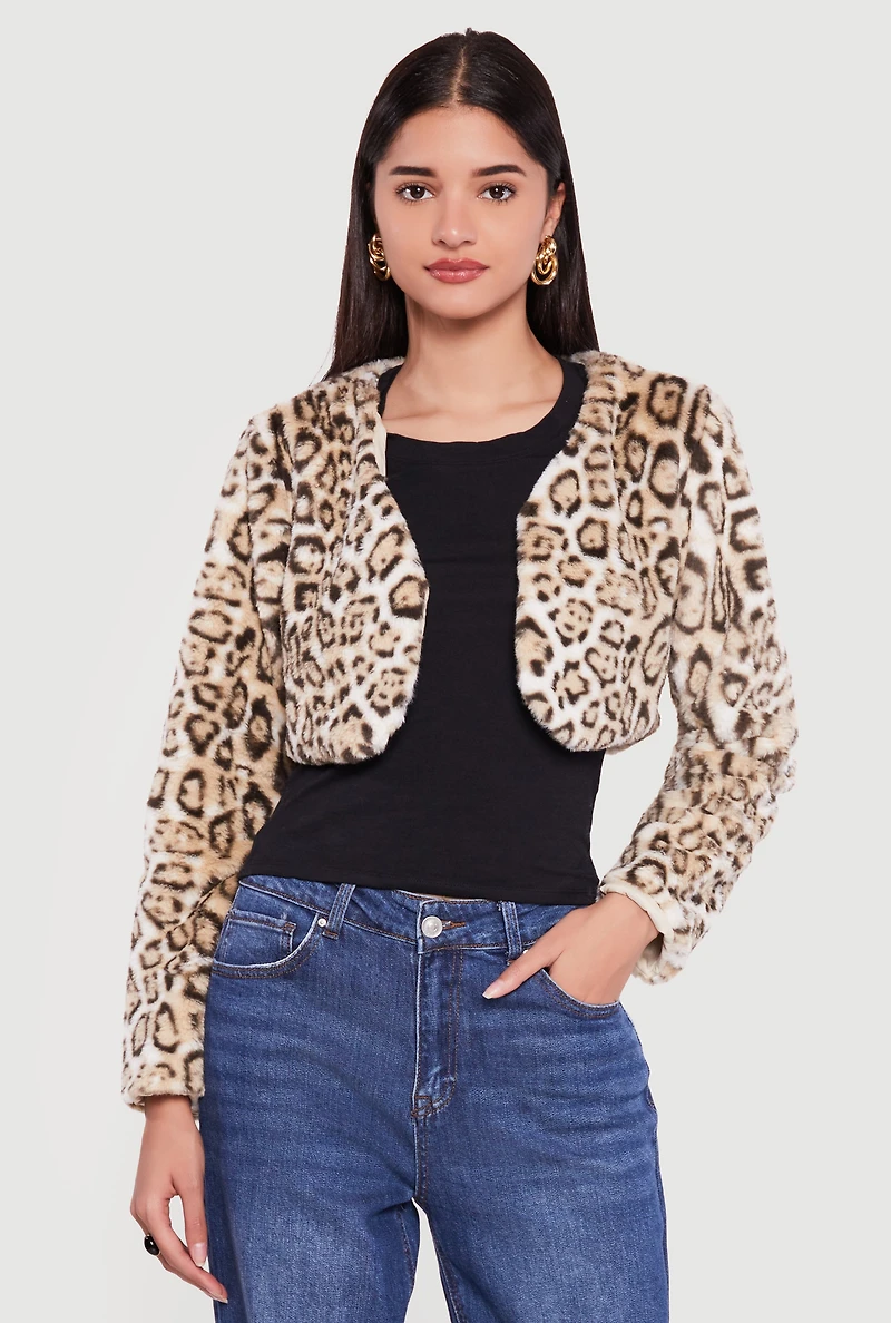 Leopard Print Faux Fur Bolero Jacket