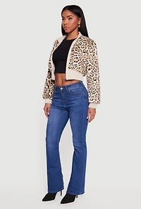 Animal Print Faux Fur Cropped Zip Front Bomber Jacket