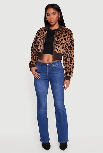 Animal Print Faux Fur Cropped Zip Front Bomber Jacket