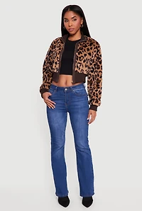 Animal Print Faux Fur Cropped Zip Front Bomber Jacket