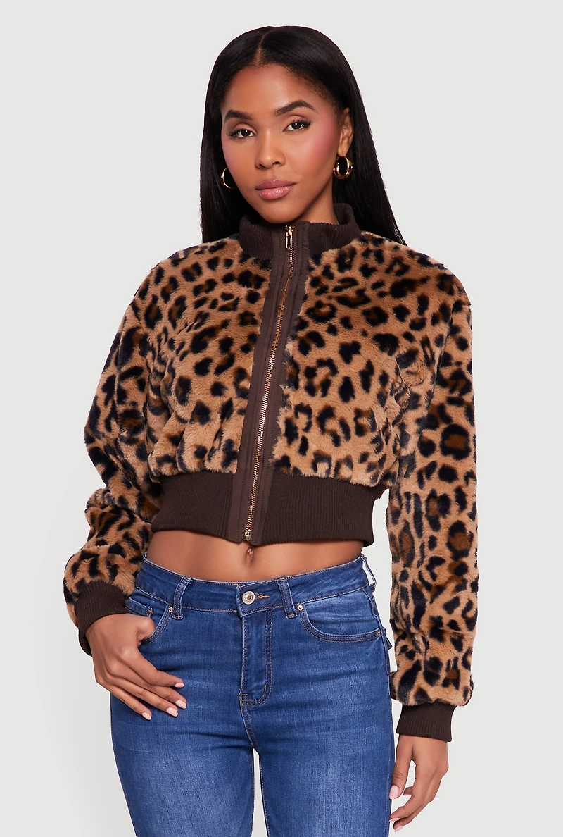 Animal Print Faux Fur Cropped Zip Front Bomber Jacket