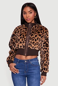 Animal Print Faux Fur Cropped Zip Front Bomber Jacket