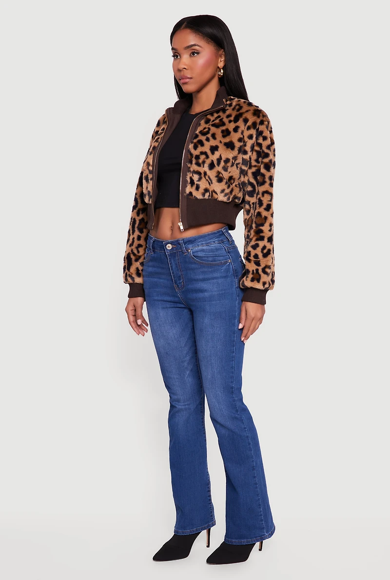 Animal Print Faux Fur Cropped Zip Front Bomber Jacket