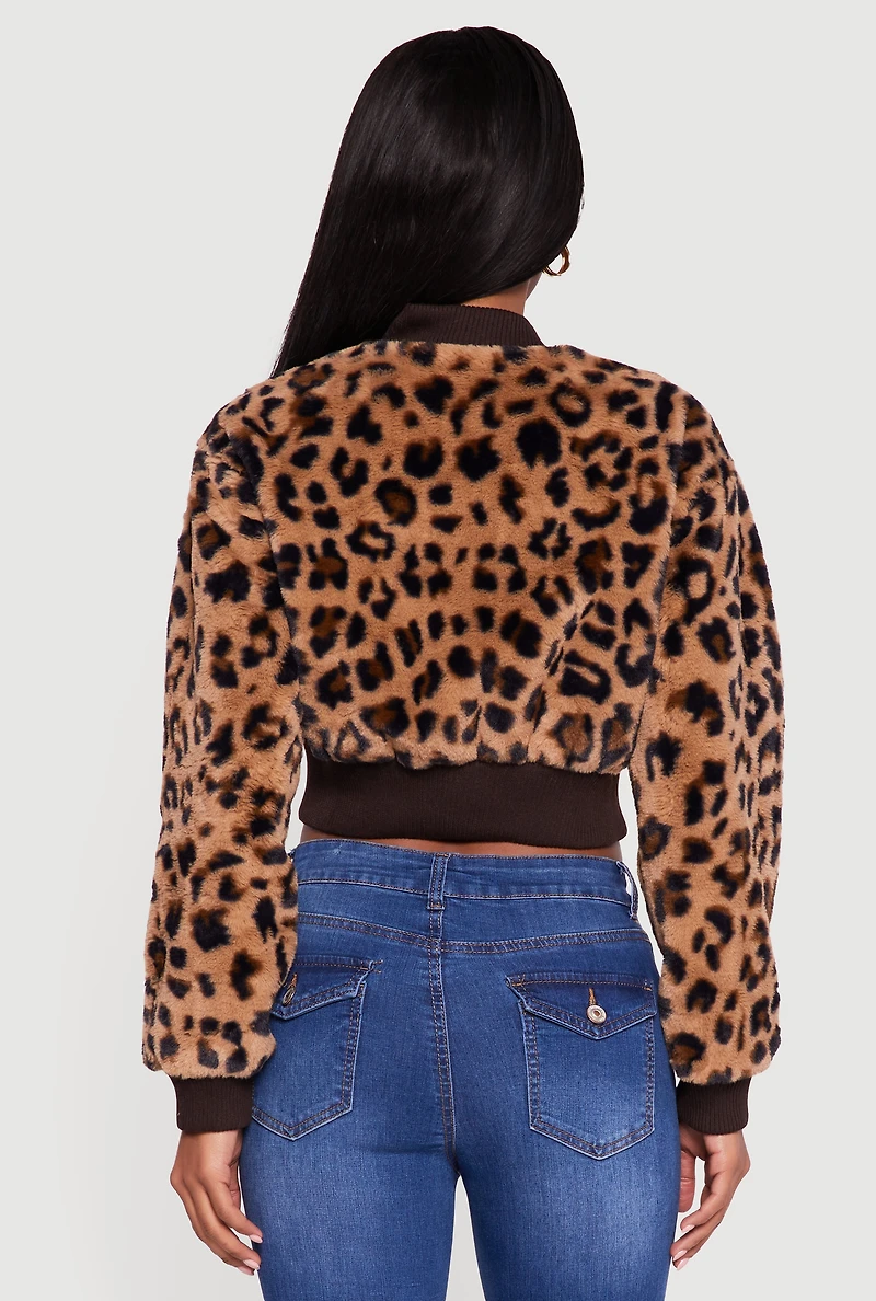 Womens Animal Print Faux Fur Cropped Zip Front Bomber Jacket, Brown,