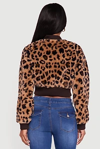 Animal Print Faux Fur Cropped Zip Front Bomber Jacket