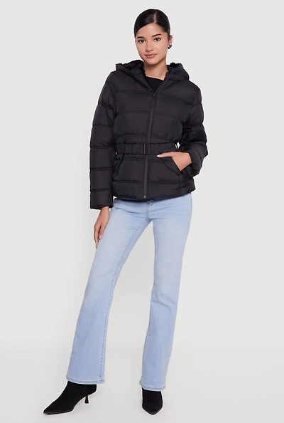 Womens Faux Fur Lined Hooded Puffer Jacket with Belt,
